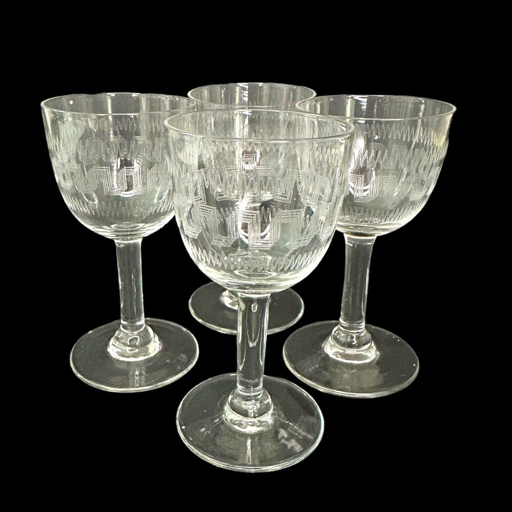 Antique Edwardian Etched Sherry/ Porto Hand Blown Greek Key Stylish Glass 1900s